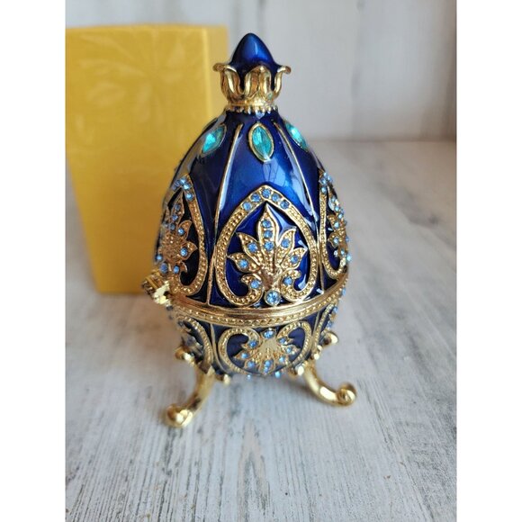 Dark blue enameled egg trinket box rhinestone Easter home decor - Picture 5 of 9